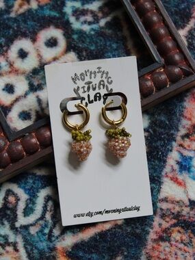 Handmade Gold Hoop Earrings with Peach Beaded Strawberry Charms by